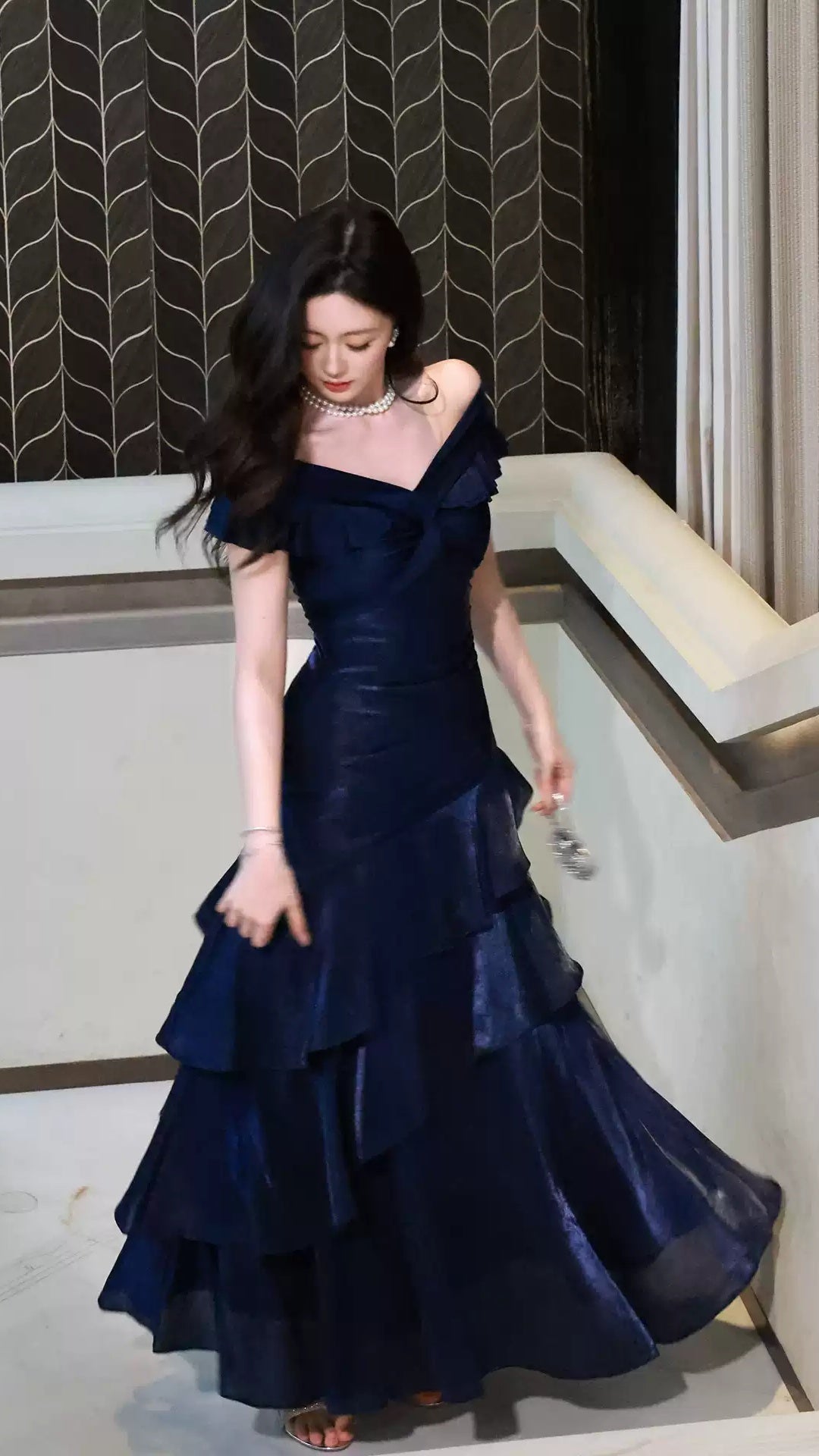 Off The Shoulder Navy Blue Prom Dresses Ruffle School Event Dress Women Formal Gown,LTP4387