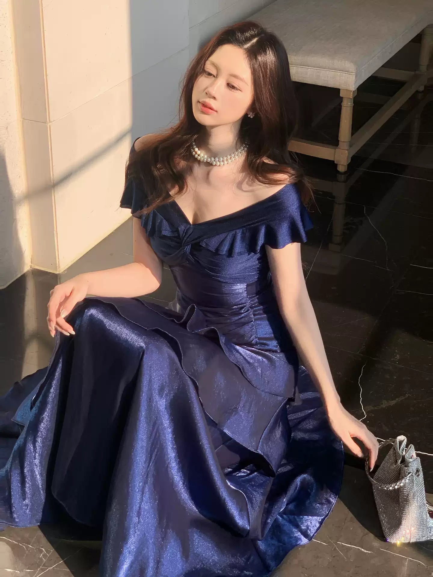 Off The Shoulder Navy Blue Prom Dresses Ruffle School Event Dress Women Formal Gown,LTP4387
