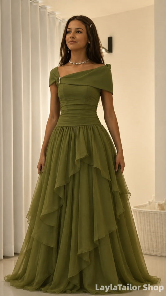 Off The Shoulder Olive Green A-Line Ruffle Prom Dresses LTP82752