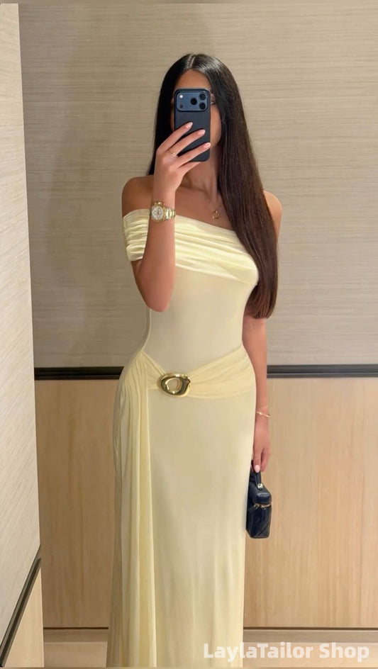 Off The Shoulder Pastel Yellow Mermaid Chiffon Prom Dress LTP82601