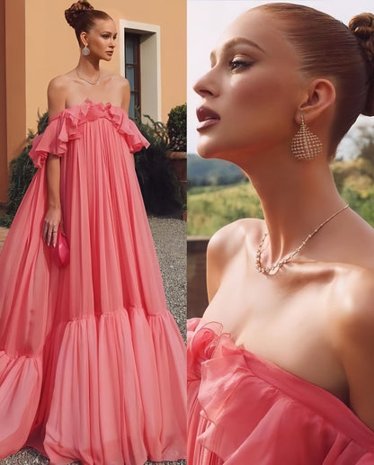 Off The Shoulder Pink Chiffon Party Dress, Puffy Senior Prom Dress, LTP3501