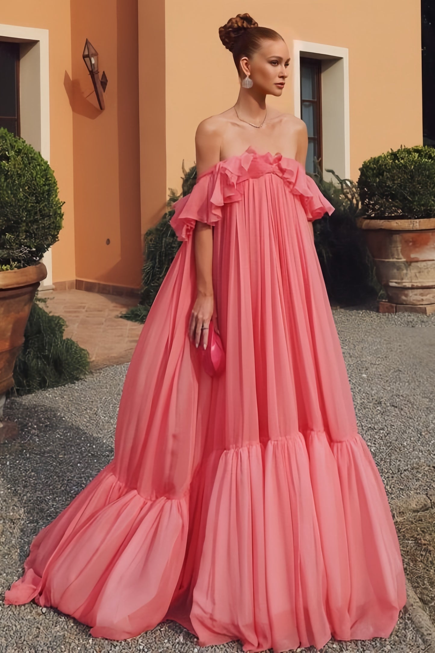 Off The Shoulder Pink Chiffon Party Dress, Puffy Senior Prom Dress, LTP3501