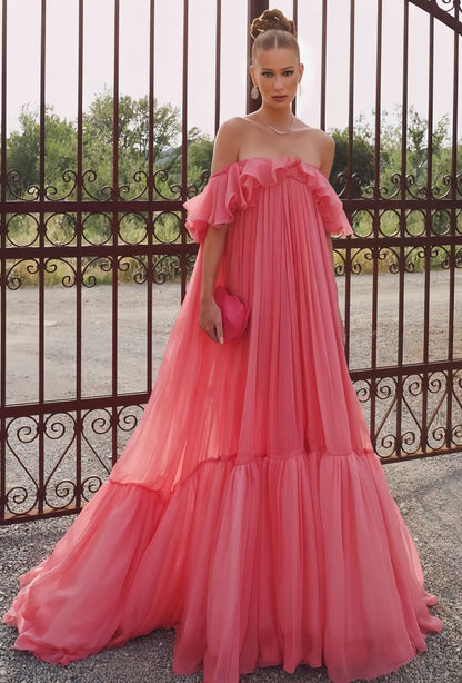 Off The Shoulder Pink Chiffon Party Dress, Puffy Senior Prom Dress, LTP3501