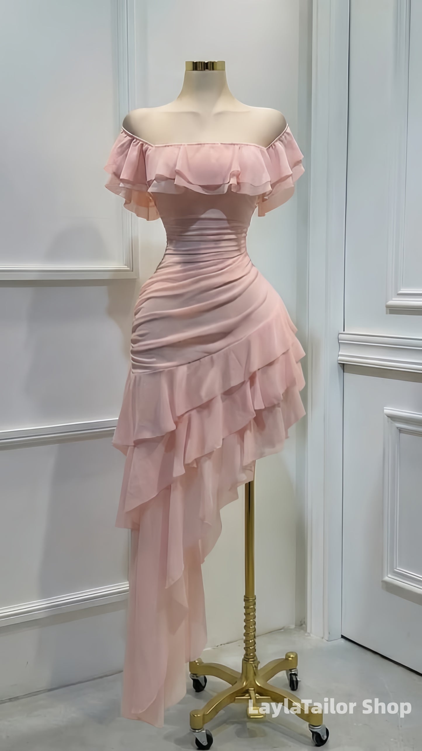 Off The Shoulder Pink Chiffon Ruffle Homecoming Dresses