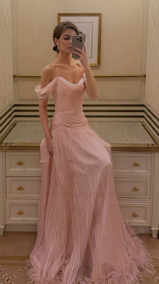 Off The Shoulder Pink Evening Prom Dresses Chiffon Pleated Party Dress,LTP4318