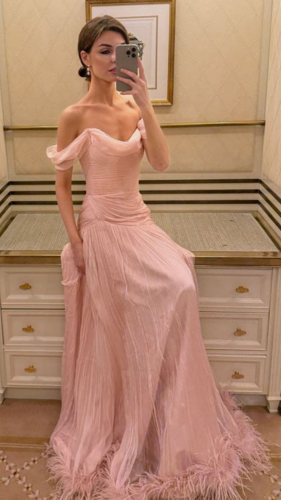 Off The Shoulder Pink Evening Prom Dresses Chiffon Pleated Party Dress,LTP4318