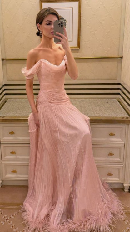 Off The Shoulder Pink Evening Prom Dresses Chiffon Pleated Party Dress,LTP4318
