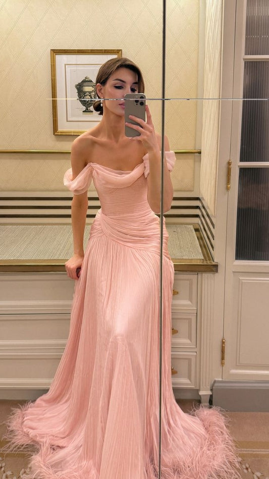 Off The Shoulder Pink Evening Prom Dresses Chiffon Pleated Party Dress,LTP4318