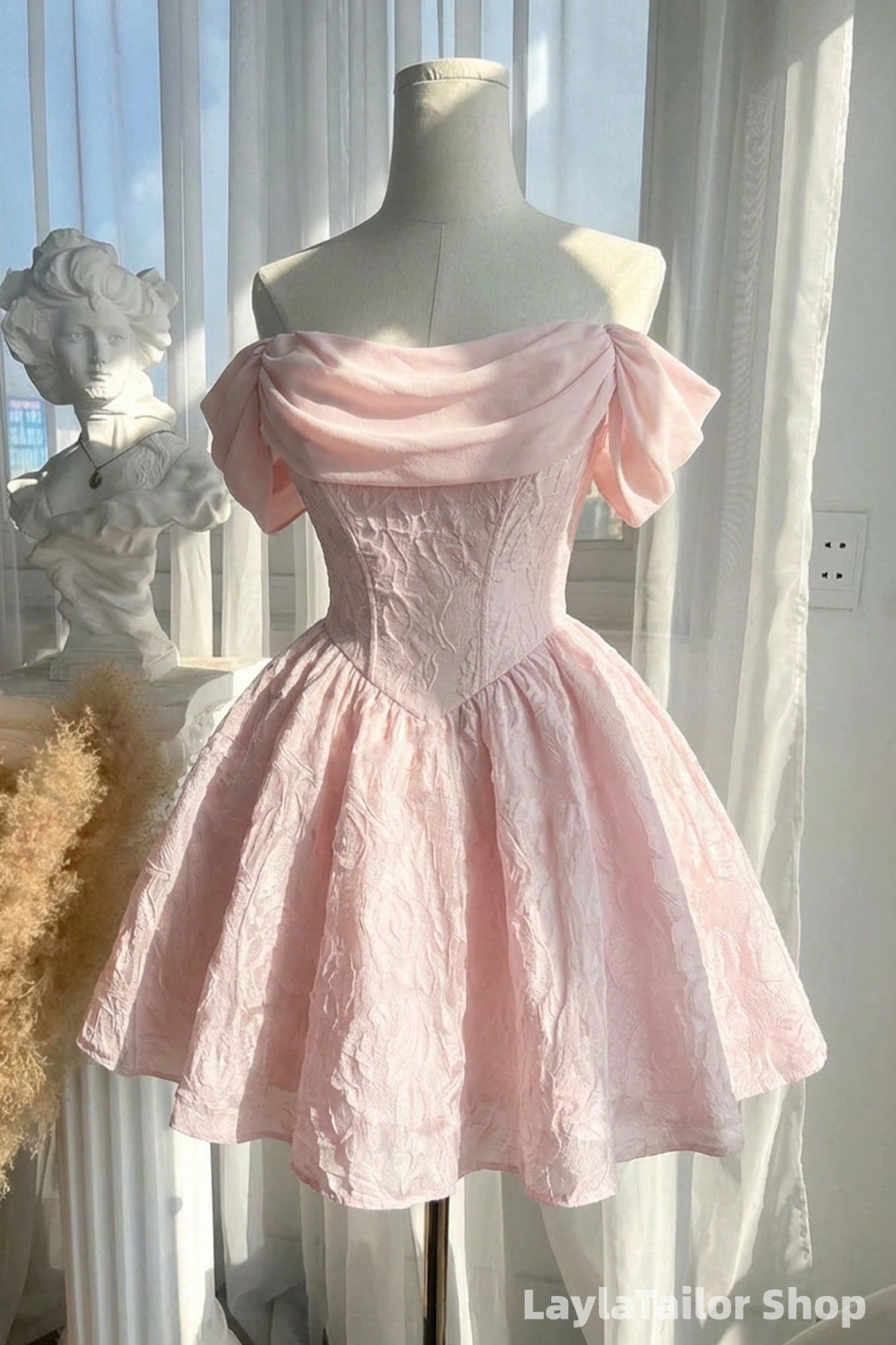 Off The Shoulder Pink Floral Mini Homecoming Dresses LTP82726
