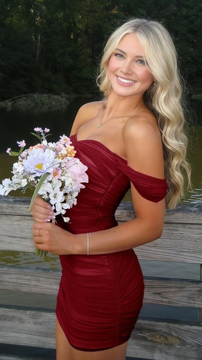 Off The Shoulder Pleated Bodycon Homecoming Dresses Custom Made Prom Dress, LTP3943