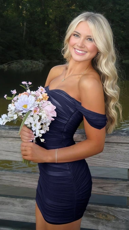 Off The Shoulder Pleated Bodycon Homecoming Dresses Custom Made Prom Dress, LTP3943