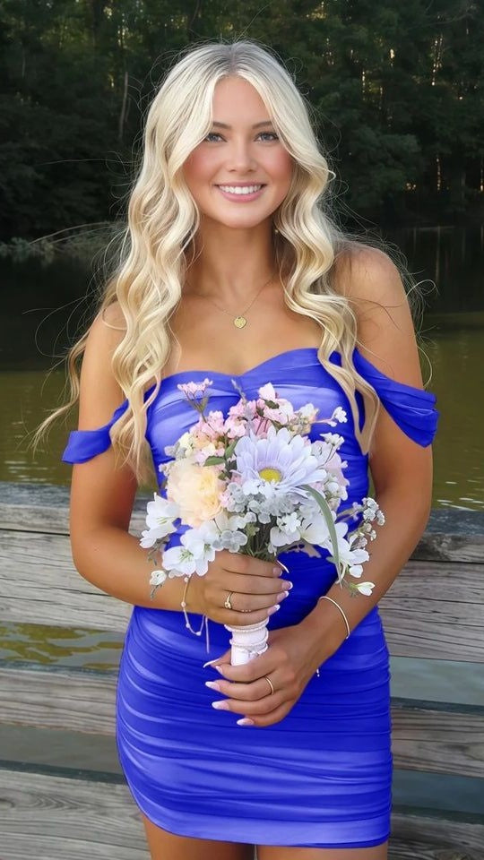 Off The Shoulder Pleated Bodycon Homecoming Dresses Custom Made Prom Dress, LTP3943