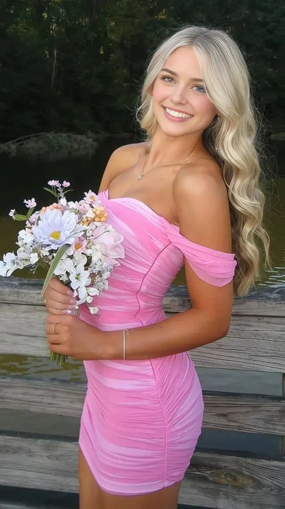 Off The Shoulder Pleated Bodycon Homecoming Dresses Custom Made Prom Dress, LTP3943
