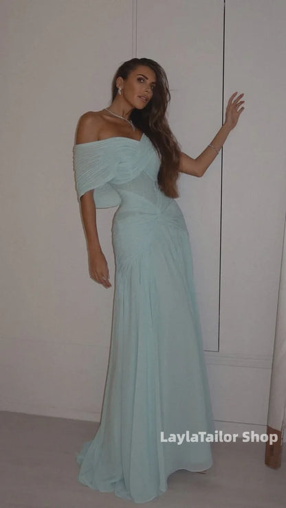 Light Blue Off The Shoulder Pleated Formal Prom Dress,LTP3624