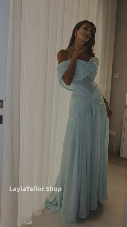 Light Blue Off The Shoulder Pleated Formal Prom Dress,LTP3624