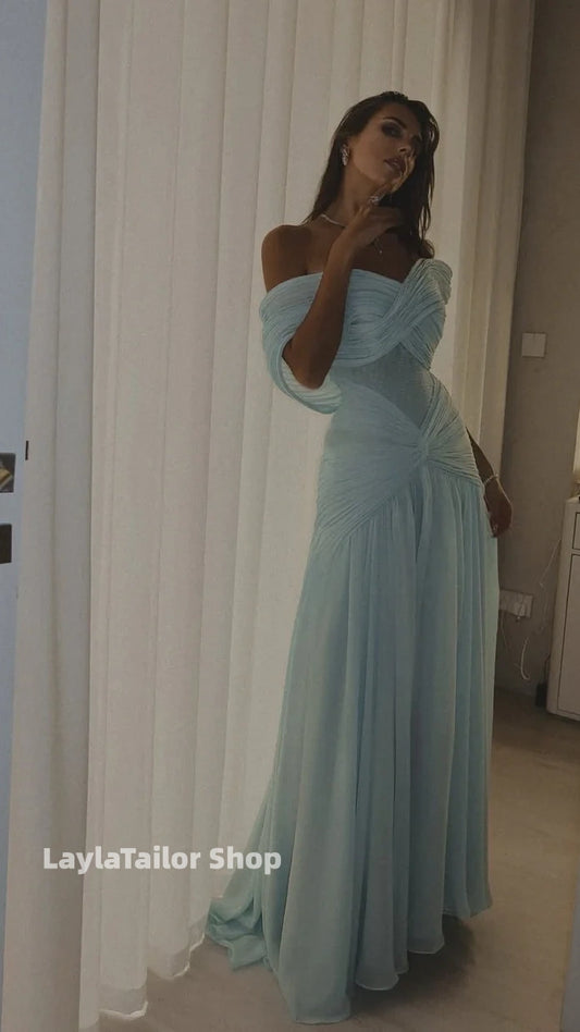 Light Blue Off The Shoulder Pleated Formal Prom Dress,LTP3624