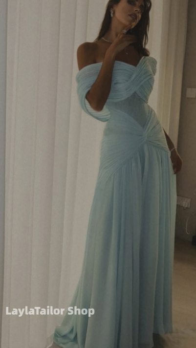 Light Blue Off The Shoulder Pleated Formal Prom Dress,LTP3624