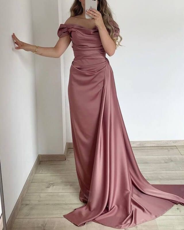 Off The Shoulder Pleated Satin Purple Long Prom Dress