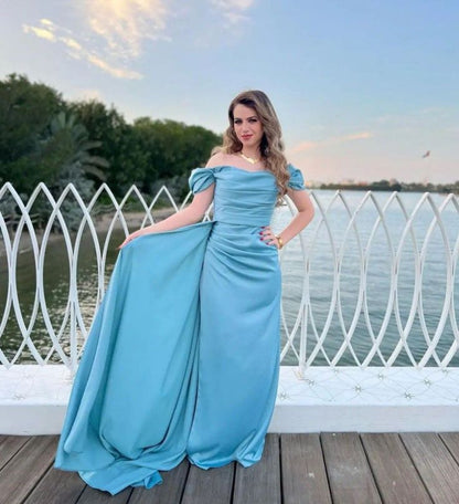 Off The Shoulder Pleated Satin Purple Long Prom Dress