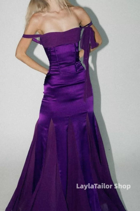 Off The Shoulder Purple Satin Chiffon Prom Dresses For Women,LTP4560