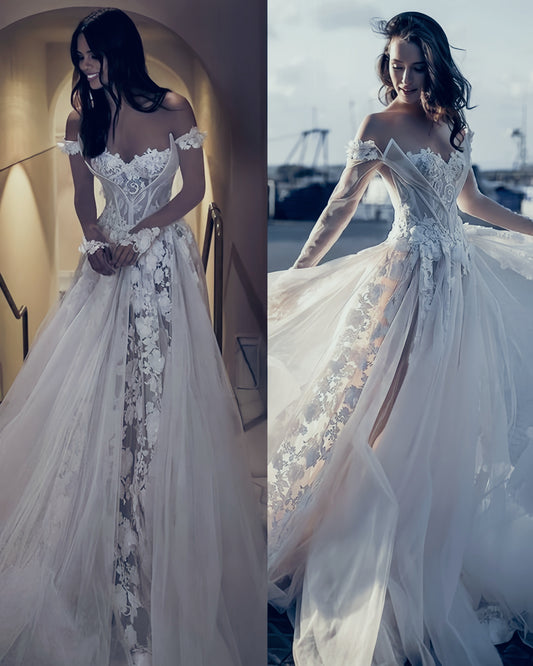 Off The Shoulder White 3D Floral Wedding Dress Boho Wedding Bridal Dress, LTP3400