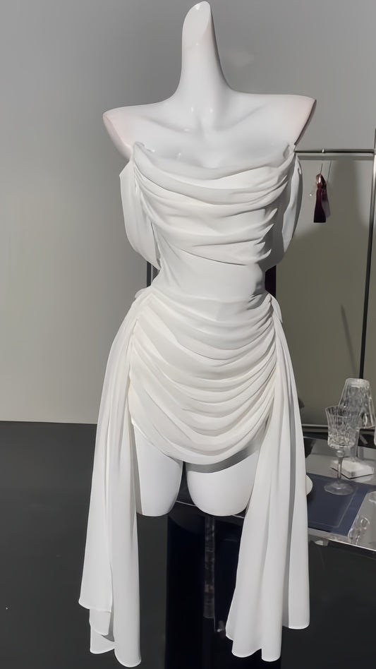 Off The Shoulder White Chiffon Homecoming Dresses Pleated Mini Hoco Graduation Dress,LTP3909