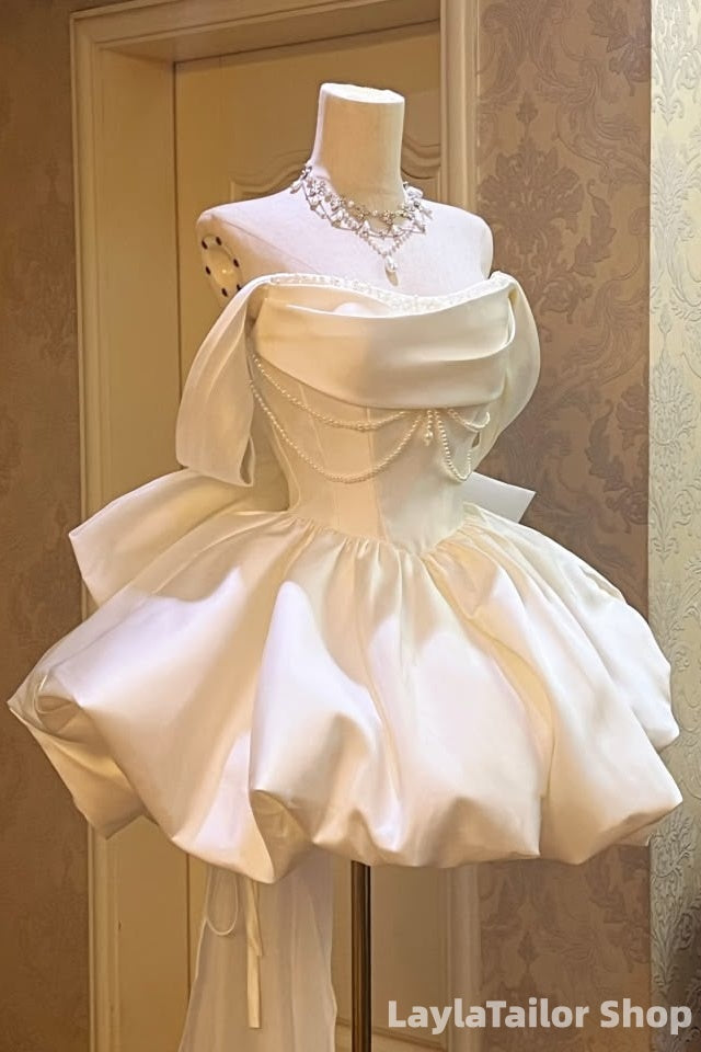 Off The Shoulder White Pearl Beaded Short Homecoming Dresses LTP82623