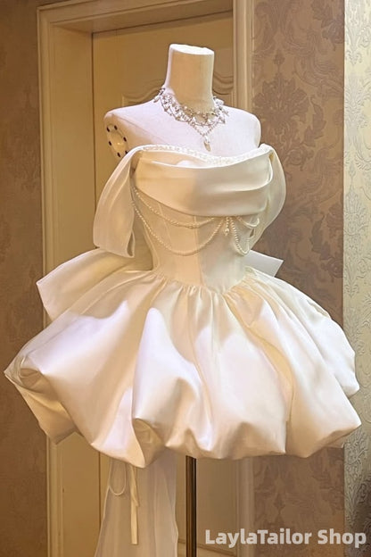 Off The Shoulder White Pearl Beaded Short Homecoming Dresses LTP82623