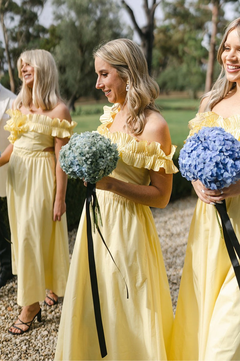 Off The Shoulder Yellow Bridesmaid Dresses Ankle Length Dress,LTP4111