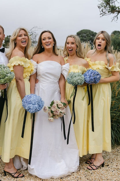 Off The Shoulder Yellow Bridesmaid Dresses Ankle Length Dress,LTP4111