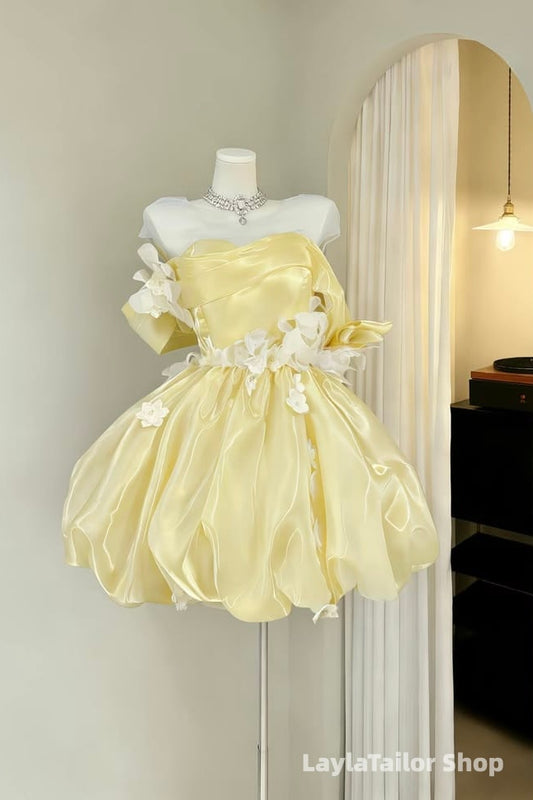 Off The Shoulder Yellow Glitter Homecoming Dresses Floral Birthday Party Dress