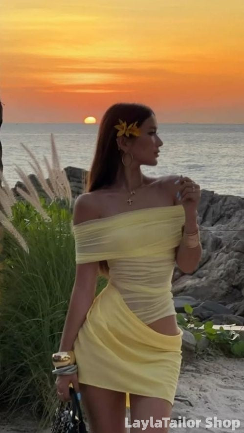 Off The Shoulder Yellow Pleated Homecoming Dresses Mini Holiday Dress,LTP82792