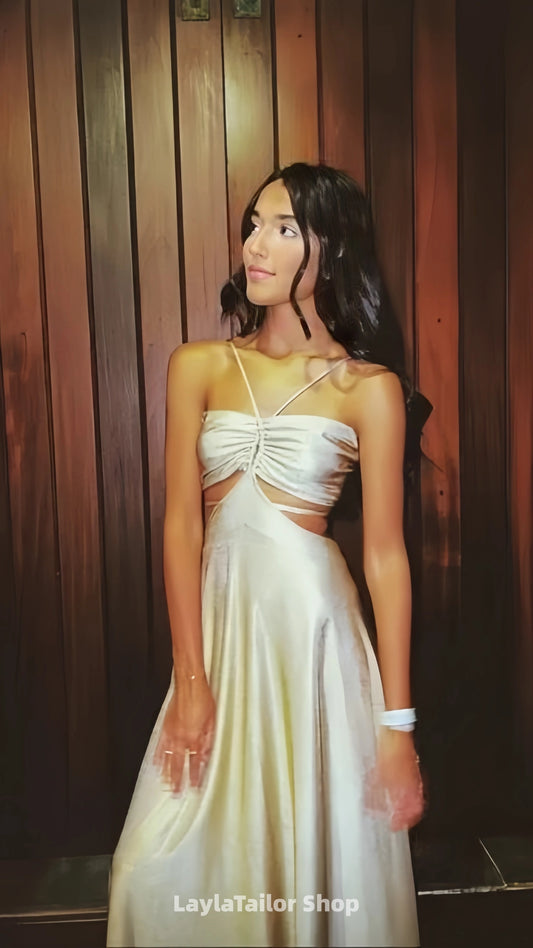 Off White A-Line Satin Prom Dresses Sleeveless Evening Formal Gown,LTP4504