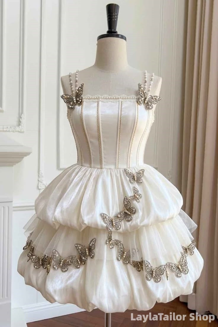 Off White Pearl Beaded Homecoming Dresses With 3D Butterflies