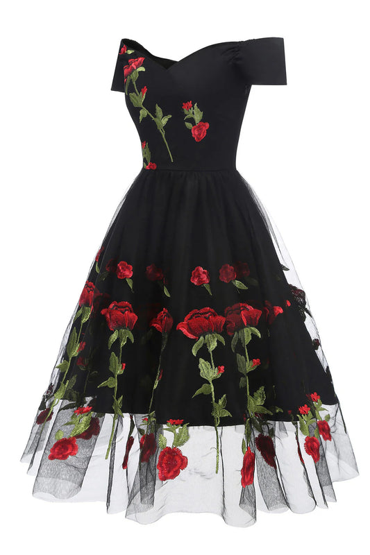 Off The Shoulder Black Rose Floral Homecoming Dresses Short Party Dress, LTP3052