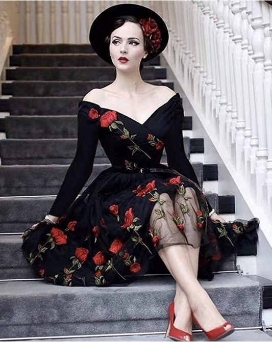 Off The Shoulder Black Rose Floral Homecoming Dresses Short Party Dress, LTP3052
