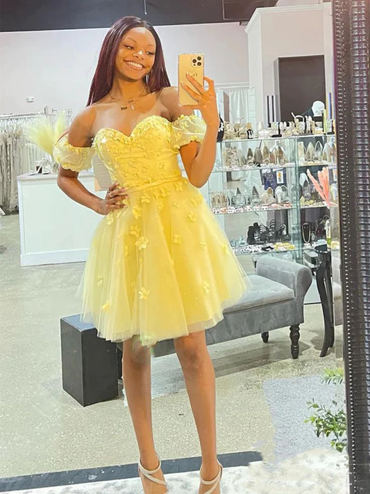 Off The Shoulder Floral Yellow Short Homecoming Dress, LTP2897