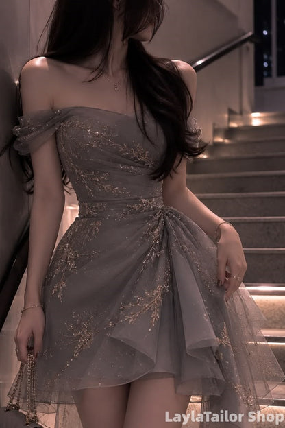 Off The Shoulder Grey Appliques Pleated Homecoming Dress