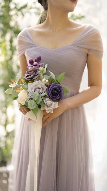 Off The Shoulder Lilac Tulle Party Dress, Pleated Long Bridesmaid Dress,LTP3680
