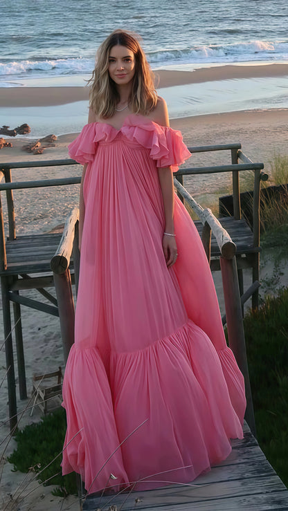 Off The Shoulder Pink Chiffon Party Dress, Puffy Senior Prom Dress, LTP3501