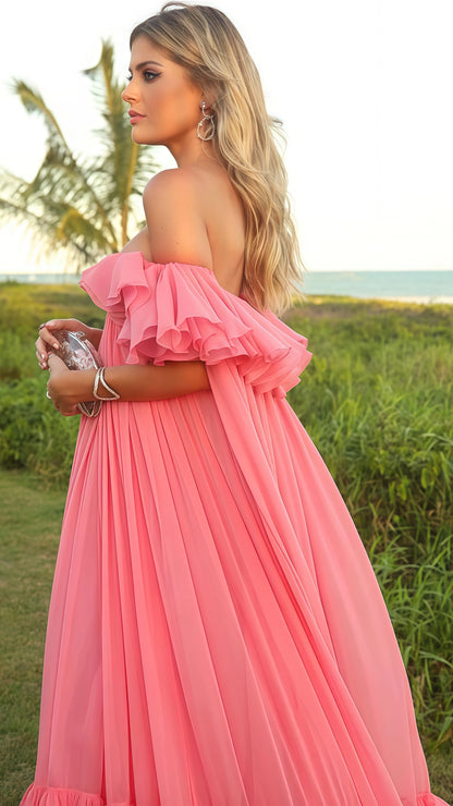 Off The Shoulder Pink Chiffon Party Dress, Puffy Senior Prom Dress, LTP3501