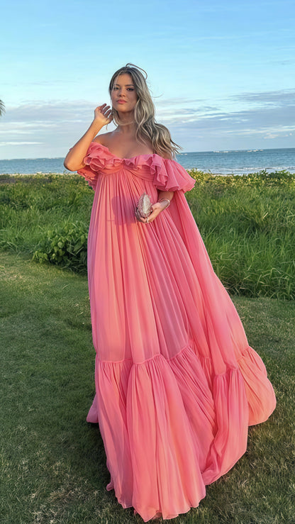 Off The Shoulder Pink Chiffon Party Dress, Puffy Senior Prom Dress, LTP3501