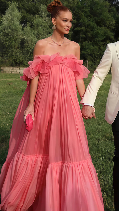 Off The Shoulder Pink Chiffon Party Dress, Puffy Senior Prom Dress, LTP3501
