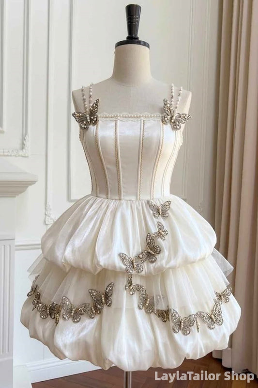 Off White Pearl Beaded Homecoming Dresses With 3D Butterflies