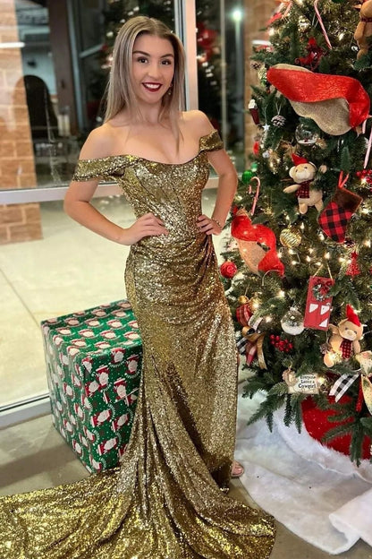 Off the Shoulder Fuchsia Sequin Mermaid Long Dress with Slit