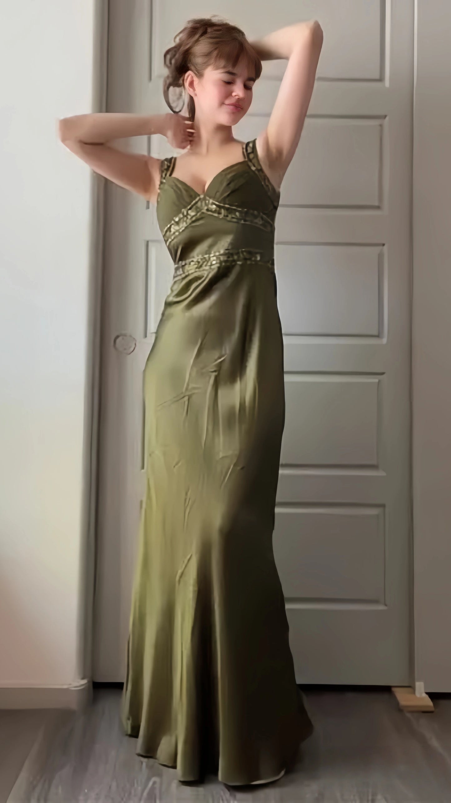 Olive Green Sheath Beaded Prom Dresses Silky Full Length Evening Party Dress,LTP4223
