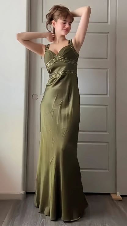 Olive Green Sheath Beaded Prom Dresses Silky Full Length Evening Party Dress,LTP4223