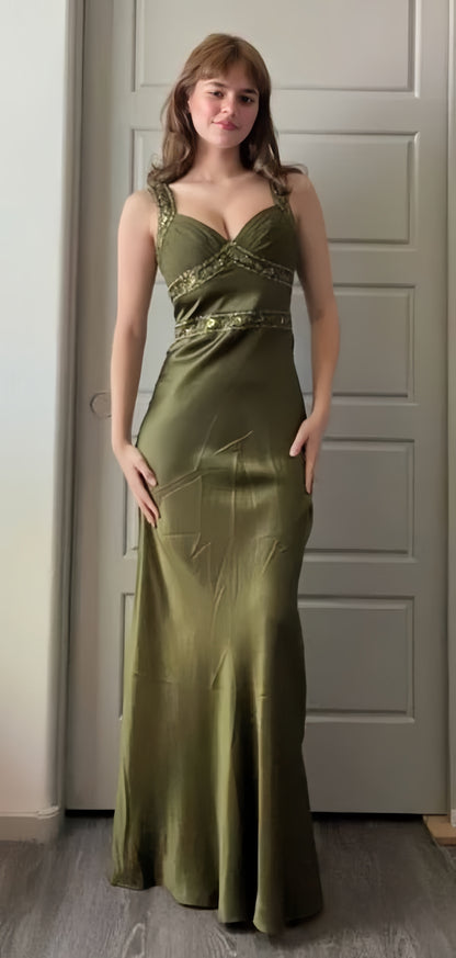 Olive Green Sheath Beaded Prom Dresses Silky Full Length Evening Party Dress,LTP4223
