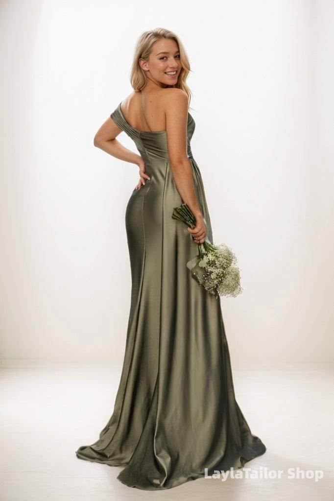 Olive Green Trumpet Bridesmaid Dress with Side Drape