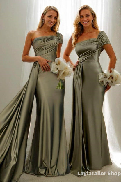 Olive Green Trumpet Bridesmaid Dress with Side Drape